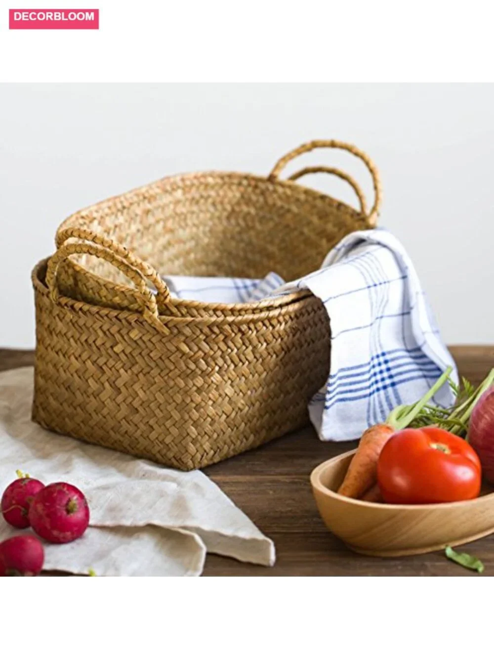Woven Seagrass Storage Baskets Set of 3 with Handles for Kitchen Organizing